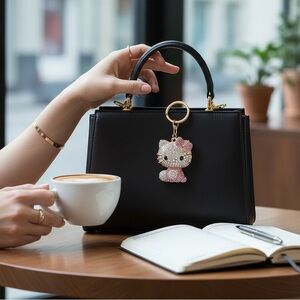 Sparkling Crystal Hello Kitty Keychain Charm Gold Tone Pink Bow  Purse Accessory